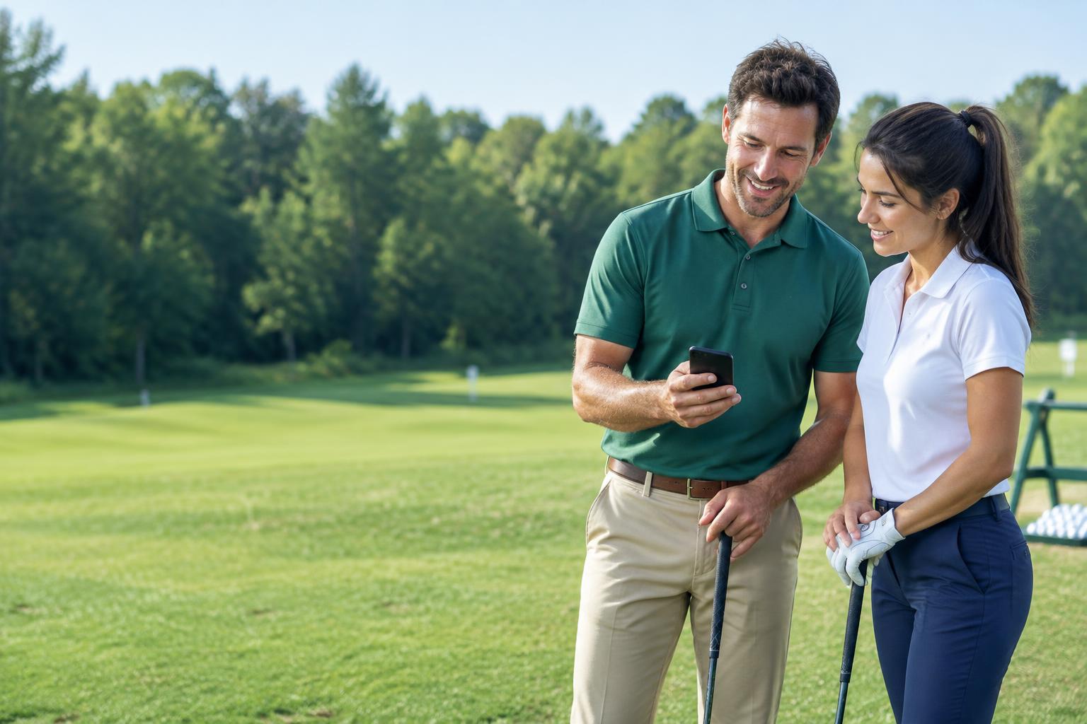 Golf instructor and student reviewing a lesson together on the range